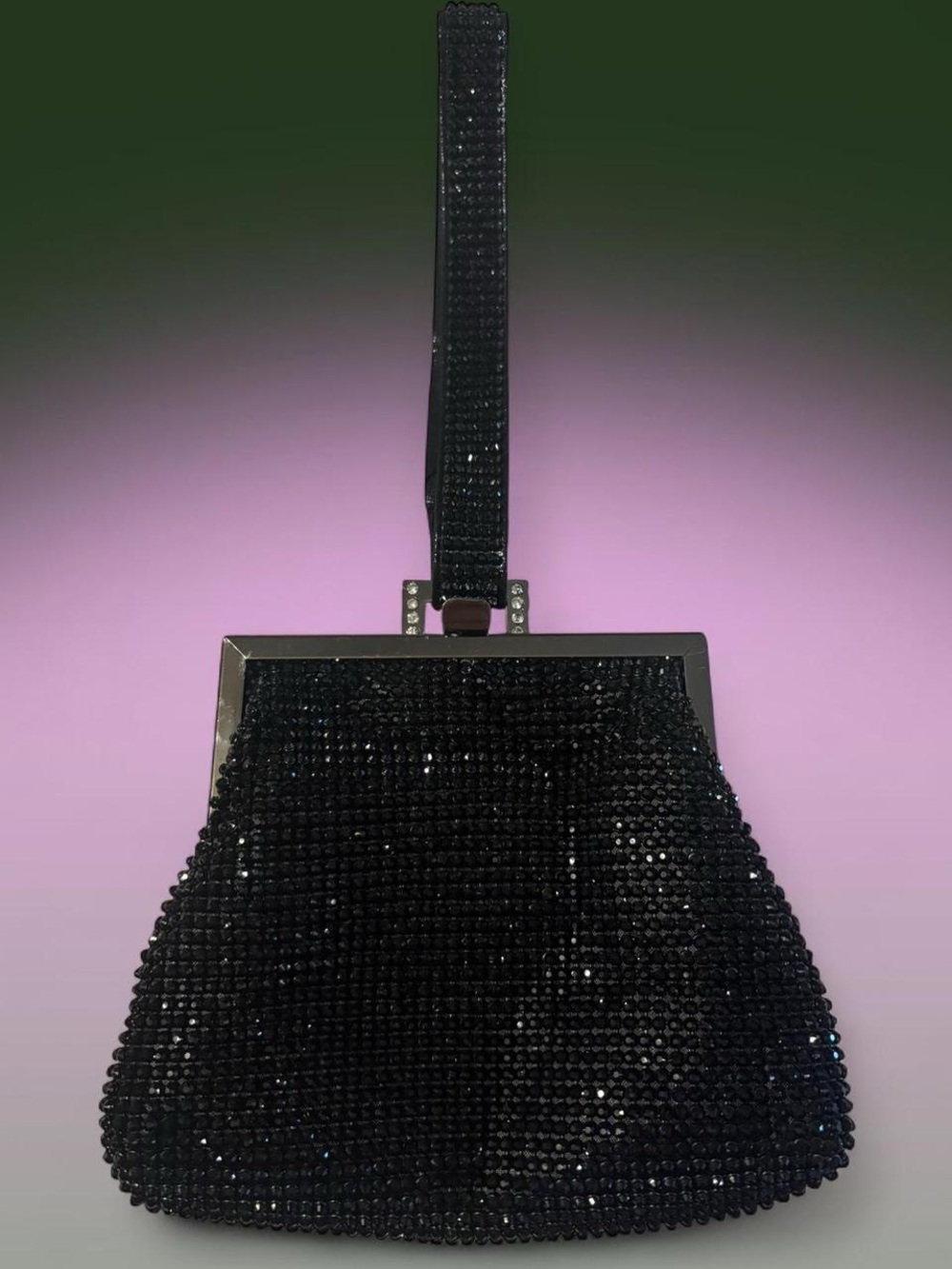 Black Rhinestone Wristlet Clutch with Silver Hardware